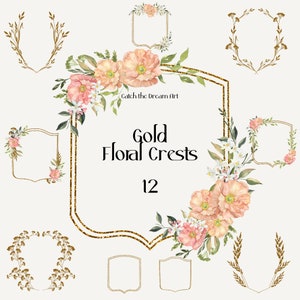 Gold Floral Crests Aquarell Clipart Elegant Pfirsich Mohnblumen Gold Wildblumen Vorgefertigtes Wappen Rahmen Romantisches Emblem Hochzeit Einladung png