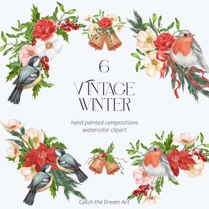 Aquarelle d'oiseaux d'hiver des cliparts - fleurs de Noël vintage, cloches Mésange bleue, poinsettia victorien, fleurs d'hiver, carte de baby shower png