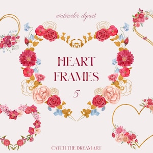 Valentines Floral Heart Frames Aquarela Clipart, Viva Magenta Grinalda de flores Ouro Floral Frame Romântico Vivid Berry Pink Blooms Casamento png