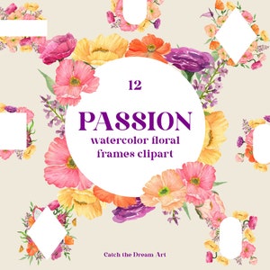 Clipart aquarelle de cadres floraux d'été - cadres colorés de fleurs de pavot rose jaune orange fleurs Pitaya Tropicana mariage clipart png