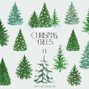 Clipart aquarelle de sapin de Noël - sapin vert pin enneigé Clip Art guirlandes lumineuses décoré d'arbres de Noël hiver forêt carte de vœux png