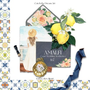 Clipart ad acquerello per matrimonio di Amalfi - Cornici per piastrelle mediterranee Agrumi, limoni, fiori vivaci, spremuta principale, baby shower, invito nuziale in Italia, png