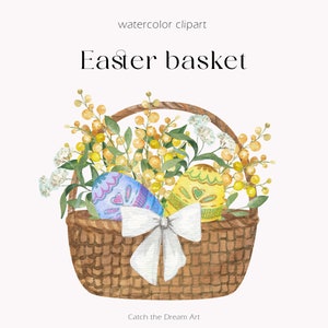 Clipart di cesto pasquale ad acquerello - Uova di Pasqua gialle blu Mimosa Disposizione dei fiori Cestino floreale primaverile Fiocco Clip Art Card Scrapbook png