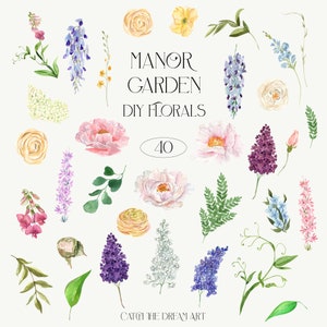 Vintage Florals DIY Acuarela Clipart - Manor Garden Flores Exuberante Rosa Peonía Lila Wisteria Delphinium Greenery Pastel Floral Boda png
