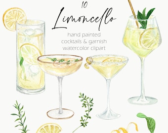 Limoncellococktails aquarel clipart: zomerdrankjes (PNG)