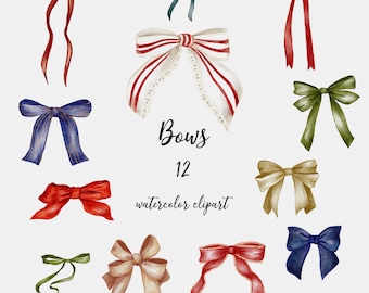 Watercolor Ribbon Bows Clipart: Vintage Christmas Bows Coquette PNG (Digital Download)