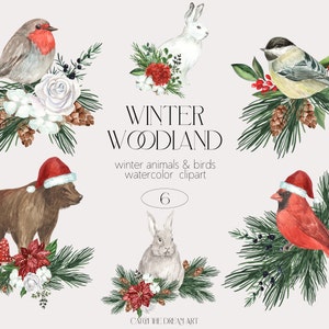 Clipart aquarelle animaux de la forêt - mignon hiver forêt ours lapin de Noël rouge-gorge mésange cardinale composition florale autocollants sublimation png
