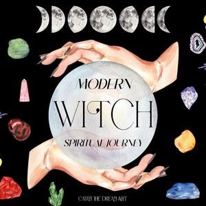 Spiritual Witch Watercolor Clipart - Magic Herbs Healing Crystals Witchy Hands Potions Lunar Phases Divination Modern Posters Patterns Cards