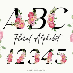Floral Alphabet & Zahlen Aquarell Clipart Rosa Pfingstrose Rose Blumen Schwarz Kursiv Buchstaben Monogramm Initiale Poster Hochzeit Typografie png