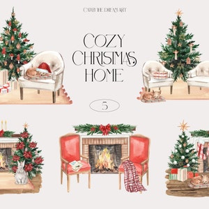 Watercolor Cozy Christmas Home Clipart Winter Cottagecore Interior Country Living Room Fireplace Christmas Tree Scrapbook Sticker Card png