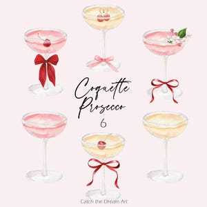 Coquette Prosecco Watercolor Clipart - Vino spumante alla ciliegia con fiocco Bevanda allo champagne rosa Cocktail rosa Addio al nubilato Bar per la festa nuziale png