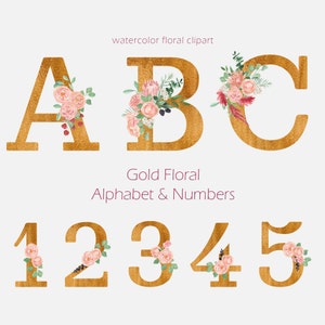 Alfabeto floral dorado y números acuarela clipart pastel baya rosa floral adornado letra monograma cartel inicial tipografía de boda png