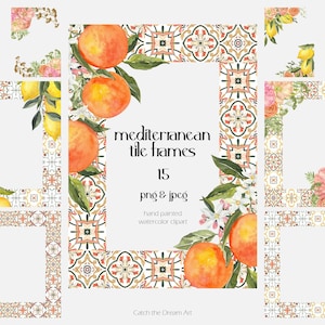 Aquarell mediterrane Fliesenrahmen Clipart Orange Zitrus Blumen portugiesische Azulejo Mosaikfliesen Amalfi Grenze italienische Hochzeitseinladung PNG