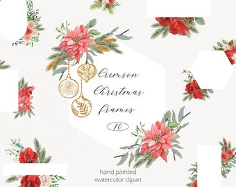 Watercolor Christmas Floral Frames – Crimson Poinsettia Clipart (PNG)