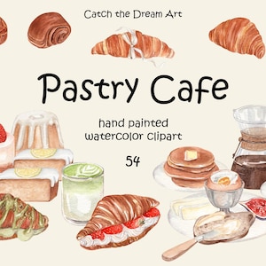 Clipart de aquarela para pastelaria e café - Croissant de café da manhã Affogato Cromboloni Café Cappuccino Padaria Pão Pão de canela Brunch Menu de festa png