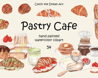 Puede incluir: Ilustración en acuarela de varios pasteles y artículos de cafetería. Incluye cruasanes, pasteles, panqueques, café y una baguette atada con una cinta. Se muestra el texto "Pastry Cafe", junto con "hand painted watercolor Clipart" y el número "54".