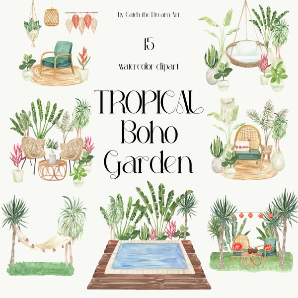 Tropical Boho Garden Watercolor Clipart - Home Jungle Tropical Trees Pool Hammock Tiki Bar Exotic Outdoor Boho Summer Paradise Clip Art png