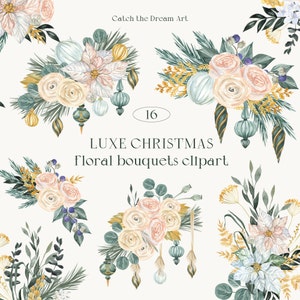 Aquarela Arranjos florais de Natal Clipart Luxe Xmas Poinsétia Buquês de rosas de inverno Ornamento Cartão de casamento de flores silvestres verde dourado png