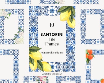 Santorini Blue Tile Frames Watercolor Clipart Mediterranean Portuguese Azulejo Mosaic Tiles Amalfi Border Frame Italian Wedding Invite PNG