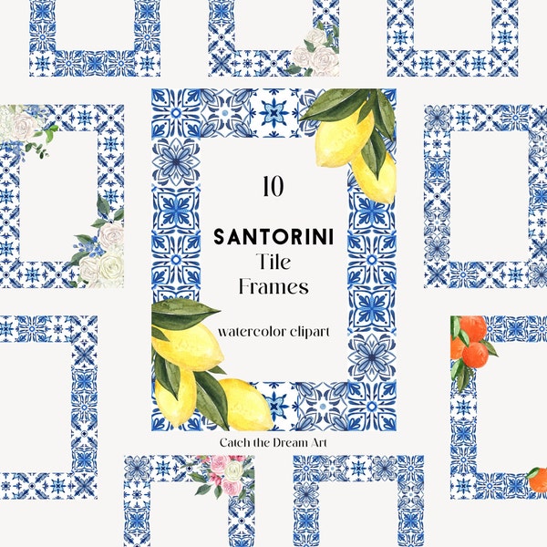 Santorini Blue Tile Frames Watercolor Clipart Mediterranean Portuguese Azulejo Mosaic Tiles Amalfi Border Frame Italian Wedding Invite PNG