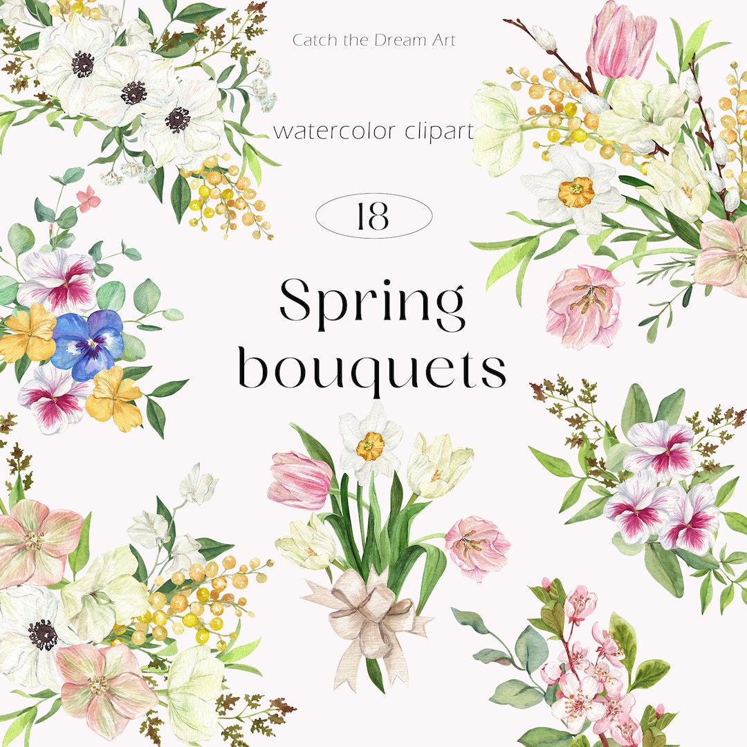Watercolor Spring Blooms Clipart Easter Floral Bouquets Delicate Tulip ...