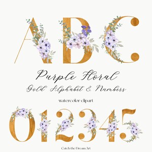 Gold Alphabet & Zahlen Lila Blumen Aquarell Clipart Pastell Lila Blume Buchstaben Monogramm Poster Hochzeit Typografie Sublimation png