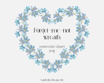 Watercolor Forget-me-not Floral Heart Wreath Clipart Tender Blue Floral Forget Me Not Wreath Valentines Day Clip Art Vintage Card Invite png