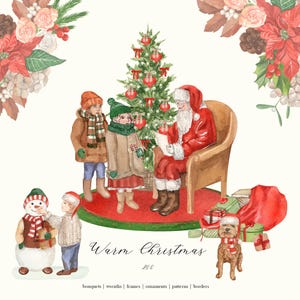 Warm Christmas Watercolor Clipart - Cozy Family Christmas Tree Home Decor Santa Claus Winter Flowers Christmas Wreath Patterns Border png