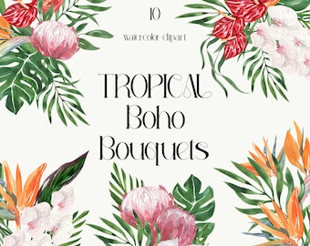 Clipart de acuarela de flores tropicales: Ramos bohemios de la selva (PNG)