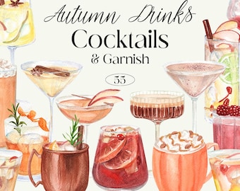 Könnte beinhalten: Eine Aquarell-Illustration von 12 Cocktails und Garnituren zum Thema Herbst. Die Getränke umfassen eine Vielzahl von Farben und Geschmacksrichtungen, wie Rot, Orange, Gelb und Braun. Der Text "Autumn Drinks Cocktails & Garnish 55 Catch the Dream Art" ist im Bild enthalten.