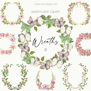 Clipart aquarelle de couronnes de fées - fleurs délicates et papillons Midsummer fleurs sauvages guirlande de fées guirlande de verdure cadre invitation de mariée png