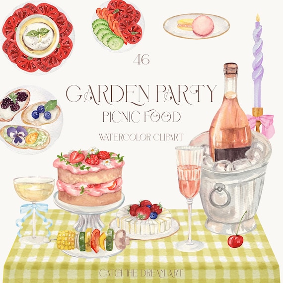 Garden Picnic Watercolor Clipart: Party Food & Drinks (PNG)