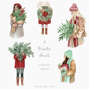 Winter Girls Watercolor Clipart - Menina de Natal vintage com pinheiro perene Spruce Feliz Natal Clip Art Cartão de felicitações de Natal Natal png