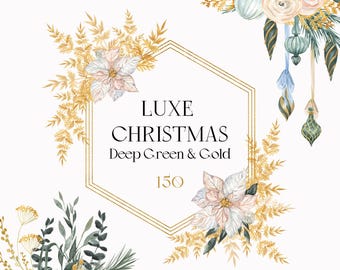 Luxe Christmas Watercolor Clipart: Gold Greenery, Vintage Ornaments (Digital Download)