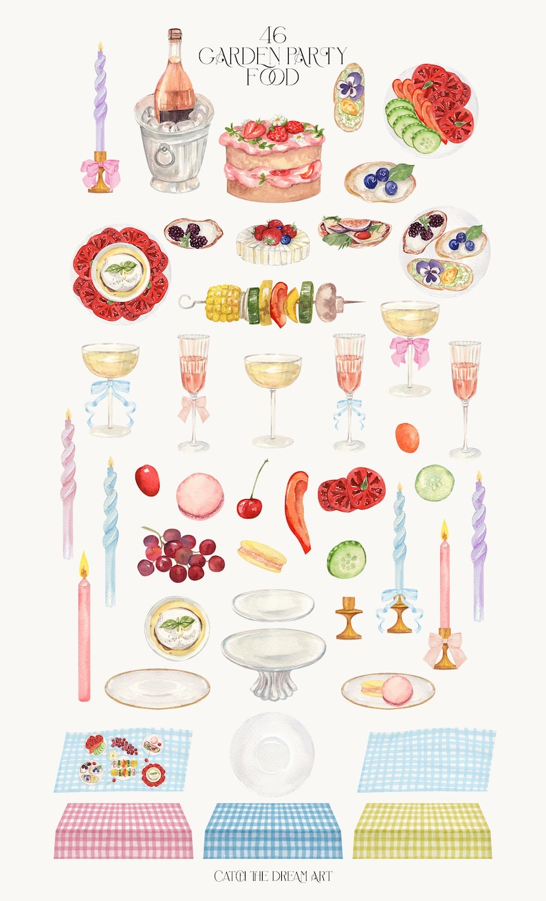 Garden Picnic Watercolor Clipart - Coquette Outdoor Party Food illustrations in PNG format.