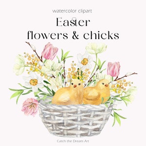 Acquerello Pasqua Clipart Primavera Cestino floreale con pulcini carini Cottagecore Clip Art Tulipani Mimosa Narciso Country Style Scrapbook Card png