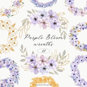 Fioletowe Wianki Kwitnące Akwarela Clipart Liliowy Zawilec Delphinium Kwiaty Zieleń Złoty Kwiatowy Wieniec Pastelowy Baby Shower Ślub Zaproszenie png