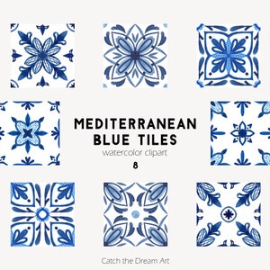 Śródziemnomorskie niebieskie płytki akwarela clipart DIY portugalskie płytki mozaikowe Azulejo Santorini Amalfi wzór obramowanie włoskie zaproszenie ślubne jpeg