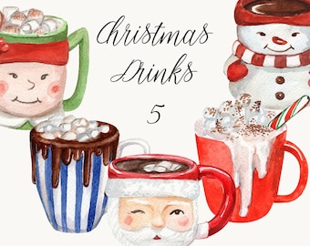 Watercolor Christmas Drinks Clipart: Hot Chocolate, Cocoa (Digital Download)