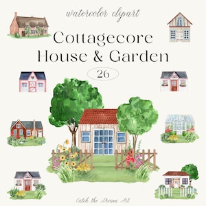 Cottagecore House & Garden Aquarela Clipart - Country Farm Cottage Cabin Home Spring Garden Manor Trees Greenhouse Scrapbook Clip Art png