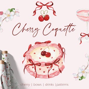 Cherry Coquette aquarel clipart - Cherry strik cocktail vrouwelijke kers op de taart taart rood lint frame Grandmillenial patroon, png