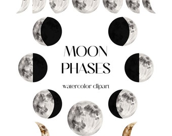 Watercolor Moon Phases Clipart – Celestial Lunar Stickers (PNG)