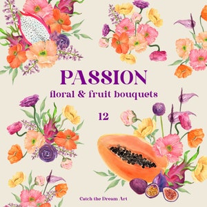 Aquarel tropische fruitboeketten clipart - heldere klaproos bloemstuk Pitaya papaya passievrucht zomerbloem Tropicana bruiloft, png