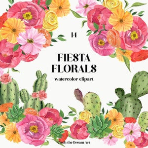 Aquarel Fiesta Flowers Clipart - Hot Pink Peony Florals Cactus Succulent Boeket Kleurrijk bloemstuk Desert Flower Babyshower