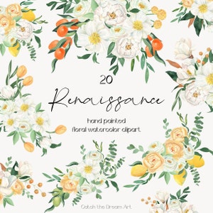 Aquarell Weiße Blumen Clipart - Mediterrane Zitrus-ClipArt - Italienische Sommerblumen & Zitronen - Pfingstrosenstrauß - Dolce Vita Hochzeit png