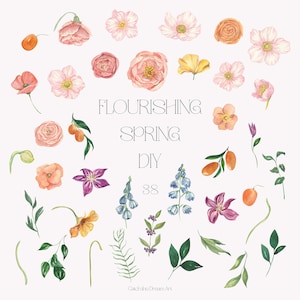 Aquarelle fleurs DIY Clipart florissant printemps fleurs irisées pastel fleurs sauvages Blush pivoine anémone clématite agrumes carte d'autocollants png