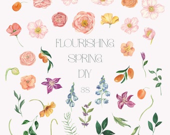 May include: A collection of watercolour illustrations featuring various flowers, leaves, and branches. The illustrations are in shades of pink, orange, yellow, purple, blue, and green. The text "Flourishing Spring DIY 38" is written in black at the centre of the image. The text "Catch the Dream Art" is written in black at the bottom of the image.