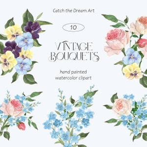 Clipart aquarelle de bouquets vintage - arrangements floraux victoriens roses, pensées, clipart myosotis, fleurs roses bleu layette mariage png thumbnail