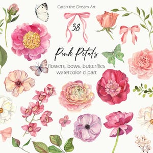 Clipart de aquarela de flores rosa - Magenta Blush DIY Florals Peônia Rosas Orquídea Borboleta Laço de fita Clip Art Caprichoso Coquete Casamento png