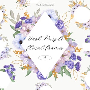 Fioletowe kwiatowe ramki akwarelowe clipart - Bardzo Peri Lilac Anemone Lisianthus Pastelowe kwiaty Złoty kwiat Delikatna ramka zaproszenie ślubne png